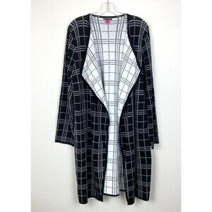 Vince Camuto Plaid Open Front Long Cardigan Women's Size L Black/White Soft
